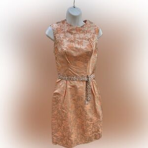 Vintage Peach Brocade Sleeveless Sheath Dress with Sequins Embellished Belt